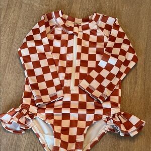 Kids Long-Sleeve Checkerboard One-Piece Swimsuit - Rust/White